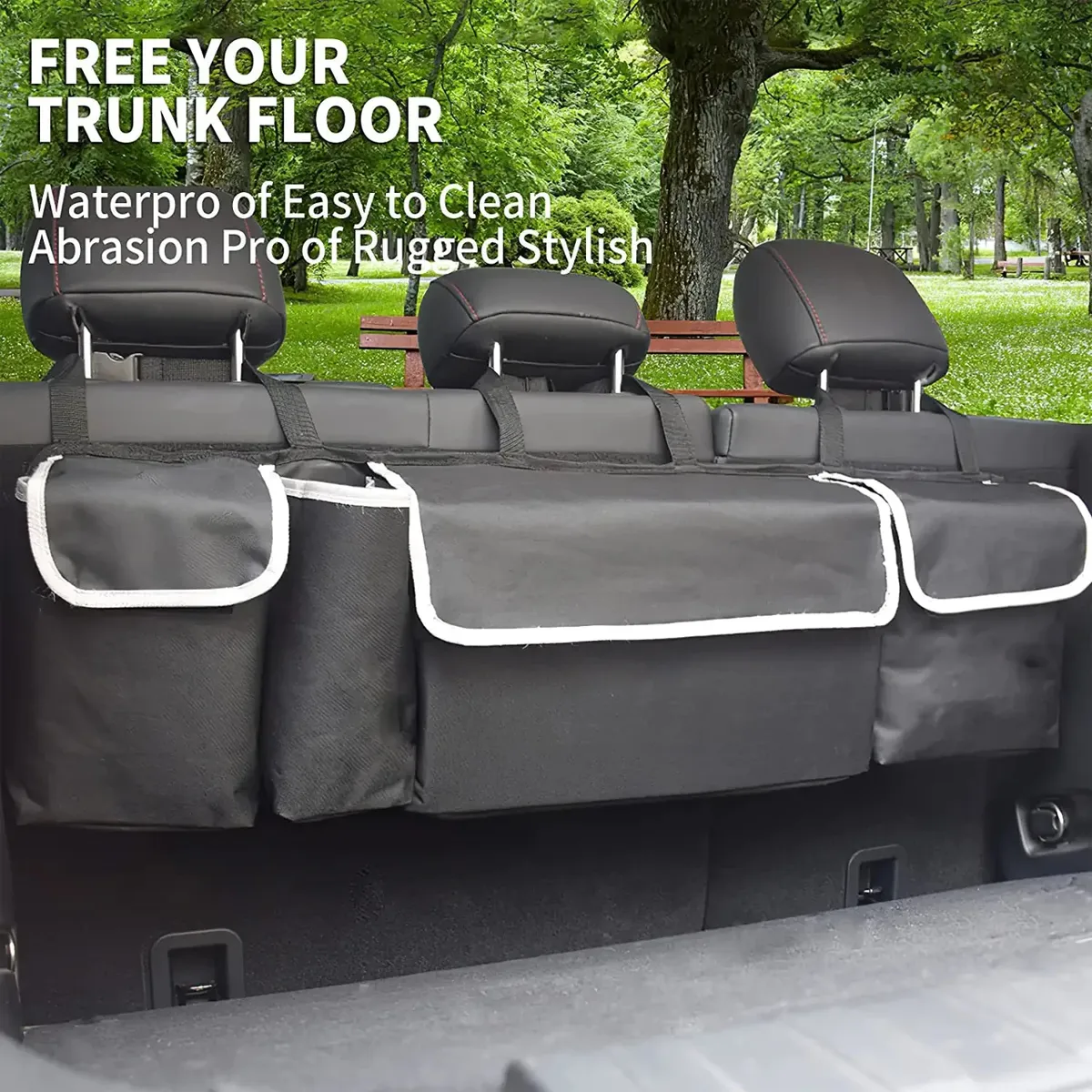 Car Trunk Hanging Organizer, Custom Logo For Your Car, Thick Backseat Trunk Storage Bag with 4 Pockets and 3 Adjustable Shoulder Straps, Foldable Car Trunk Interior Accessories Releases Your Trunk Space, Free Trunk Floor