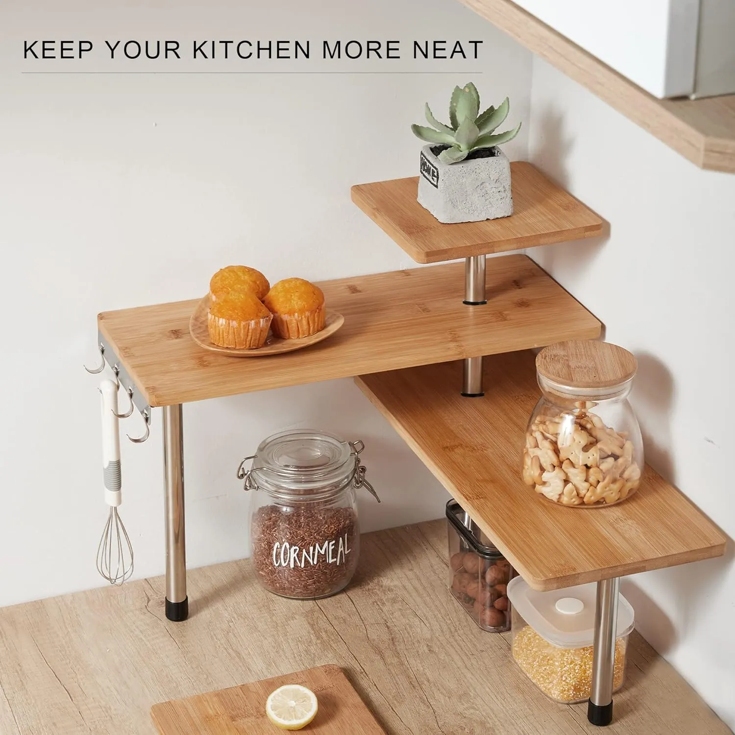 CARLA HOME 3 Tier Corner Shelf Kitchen Spice Rack Organiser with Hooks for Home Storage & Organisation