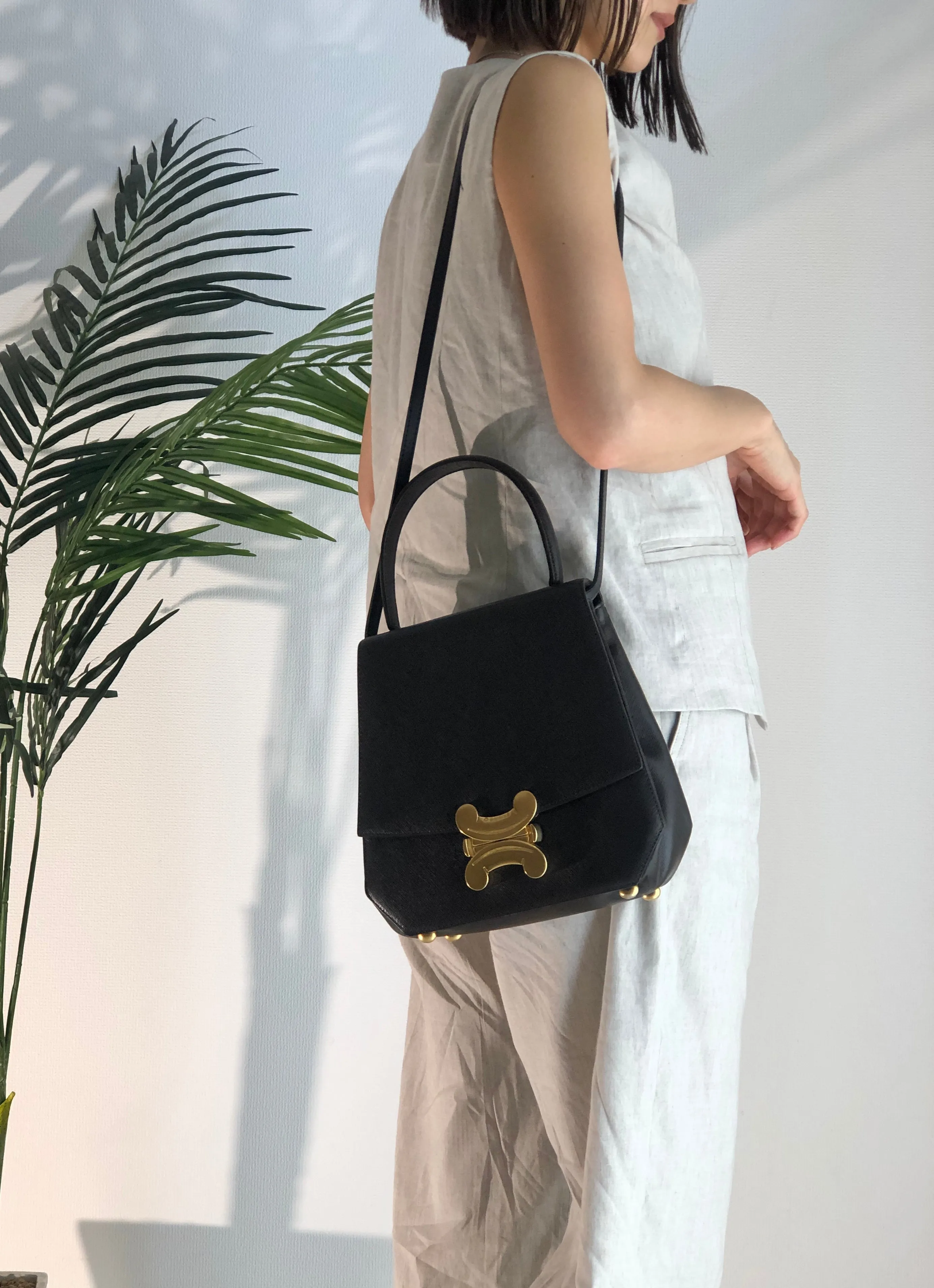 CELINE Triomphe Leather 2way shoulder bag Brown Vintage Old Celine wne7kc