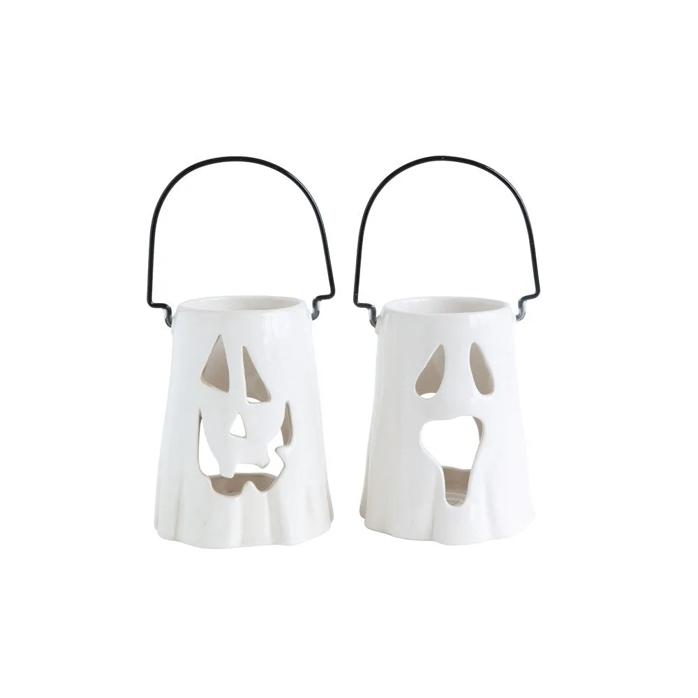 Ceramic Lantern w/ Ghost Face & Metal Handle