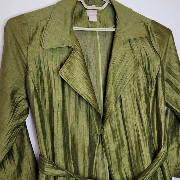 Chicos Crinkled Linen Trench Coat Jacket Size 2 US L Green