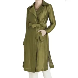 Chicos Crinkled Linen Trench Coat Jacket Size 2 US L Green