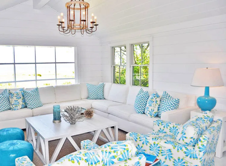 China Seas Fabric: Aga - Custom Turquoise on White 100% Linen