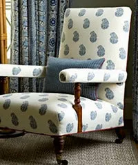 China Seas Fabric: Bangalore Paisley - Custom French Blue on White Belgian Linen / Cotton