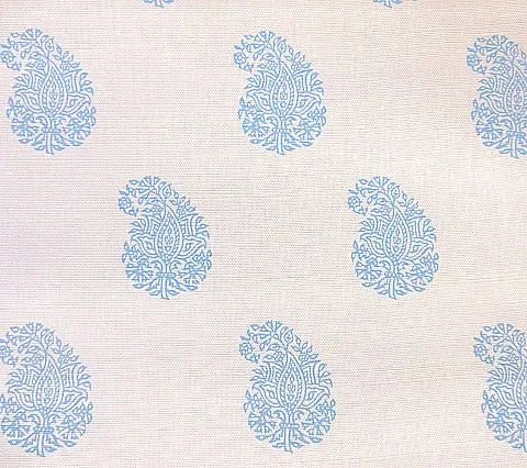 China Seas Fabric: Bangalore Paisley - Custom French Blue on White Belgian Linen / Cotton