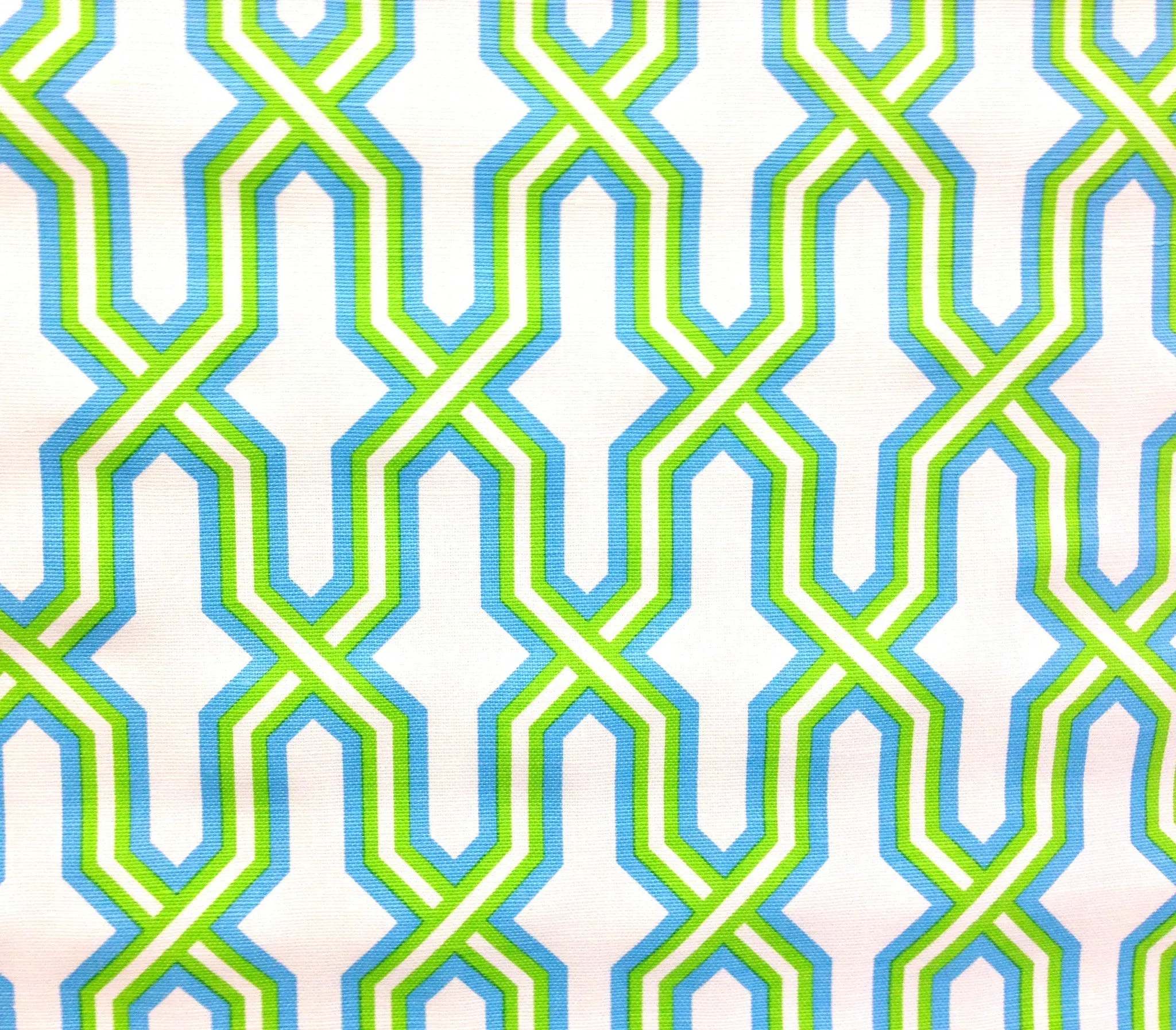 China Seas Fabric: Gorrivan Fretwork - Custom Grass Green / Sky Blue on White Belgian Linen / Cotton