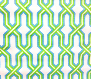 China Seas Fabric: Gorrivan Fretwork - Custom Grass Green / Sky Blue on White Belgian Linen / Cotton