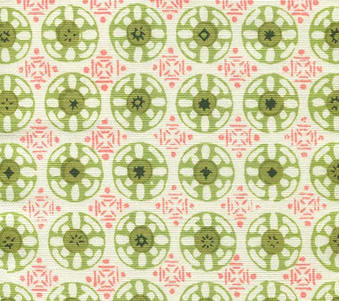 China Seas Fabric: Kediri Batik - Custom Coral / Forest / Jungle / Pistachio on Belgian Linen / Cotton
