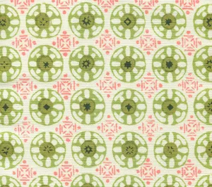 China Seas Fabric: Kediri Batik - Custom Coral / Forest / Jungle / Pistachio on Belgian Linen / Cotton
