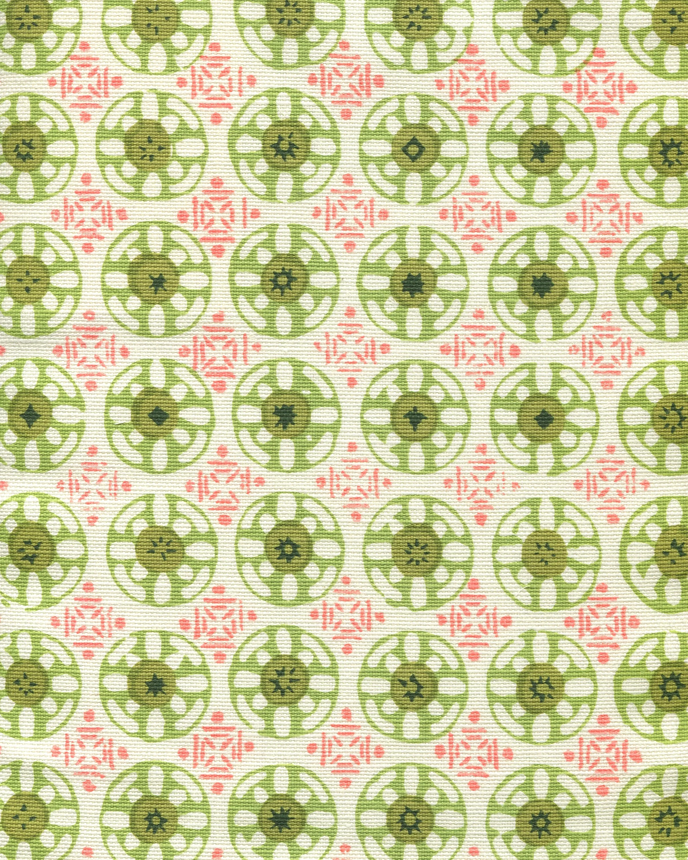 China Seas Fabric: Kediri Batik - Custom Coral / Forest / Jungle / Pistachio on Belgian Linen / Cotton