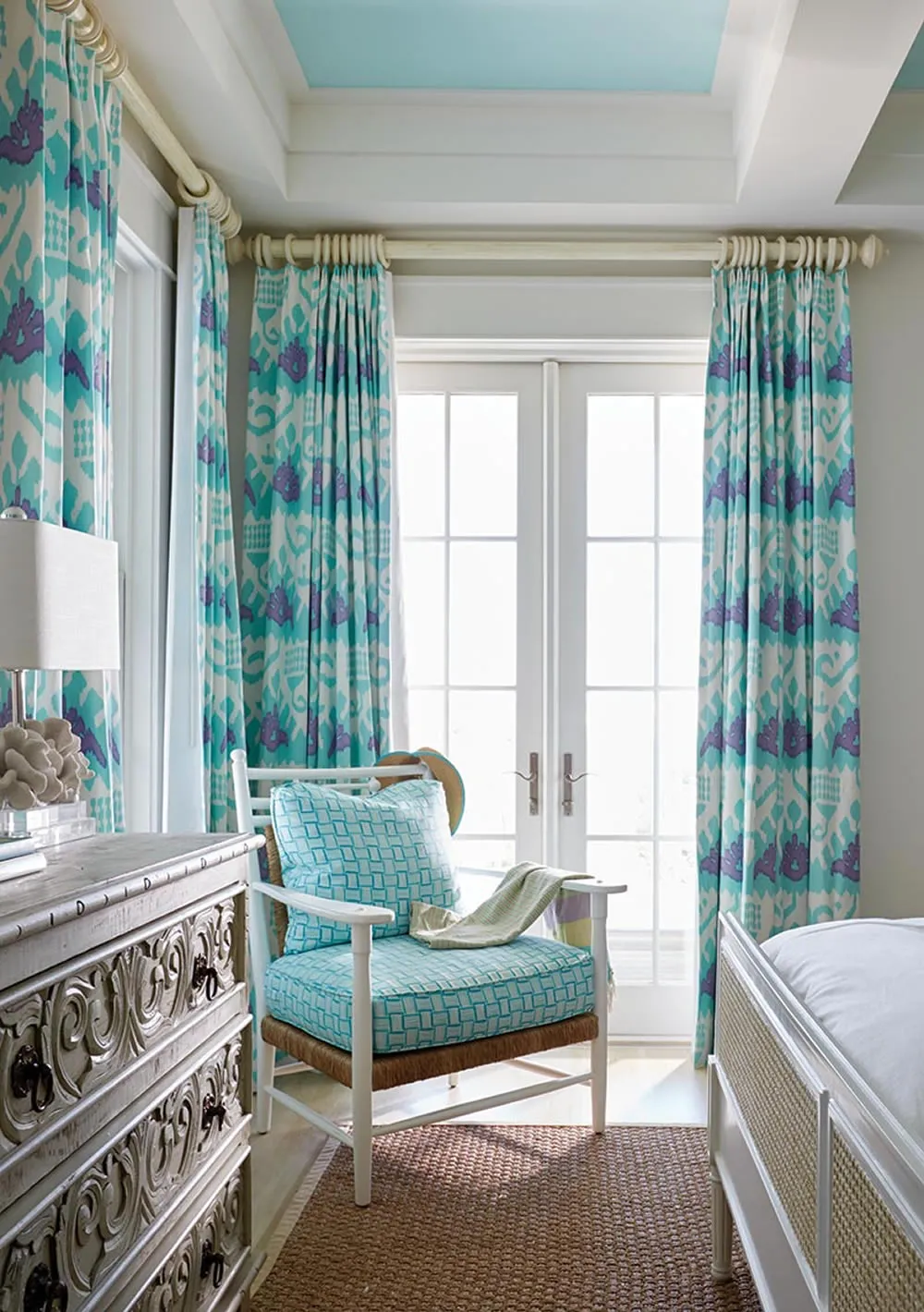 China Seas Fabric: Key West - Custom Multi Turquoise / Aqua on White Linen / Cotton