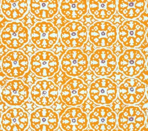 China Seas Fabric: Nitik II - Custom Mango / Shrimp on Tinted Belgian Linen / Cotton