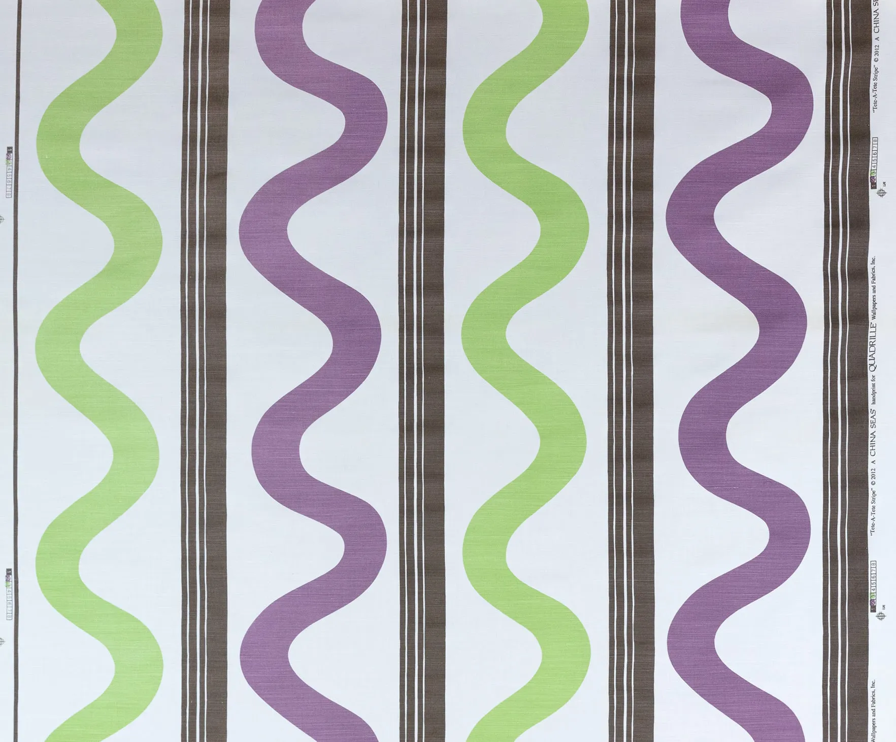 China Seas Fabric: Tete a Tete Vertical - Custom Violet / Jungle Green / Brown on White Belgian Linen/Cotton