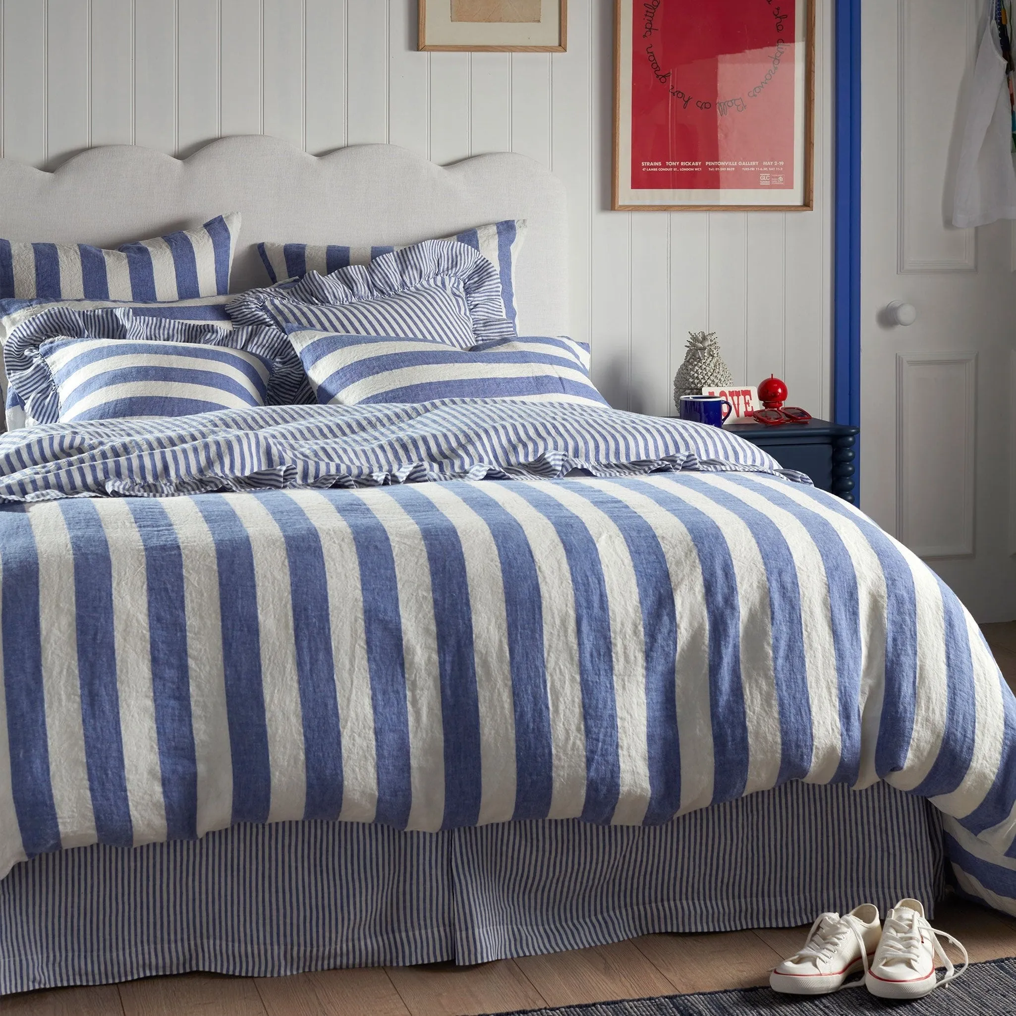 Cora Pinstripe Pure Linen Duvet Cover (Cobalt)