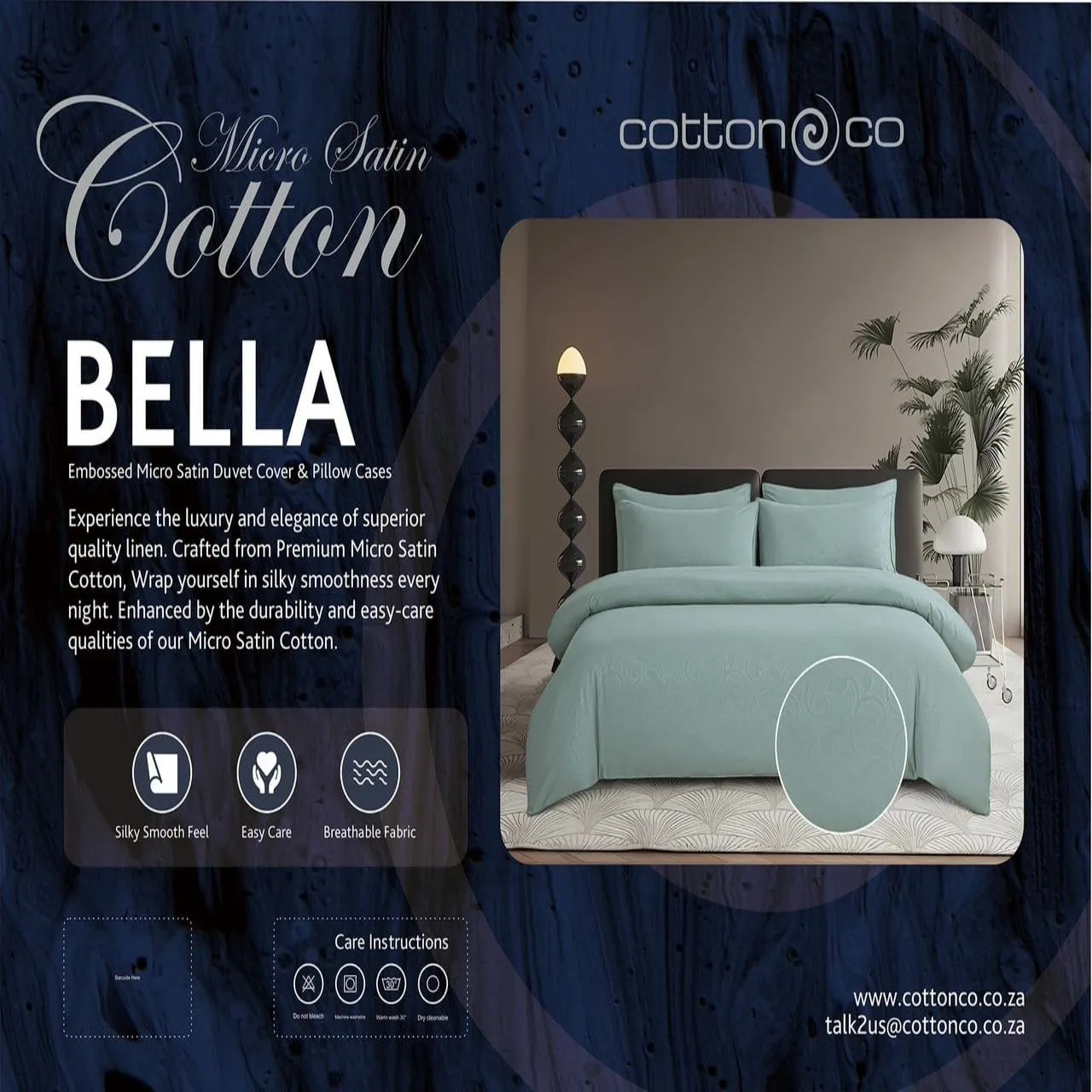 Cotton Co Bella Duck Egg Embossed Micro Satin Duvet Cover Set