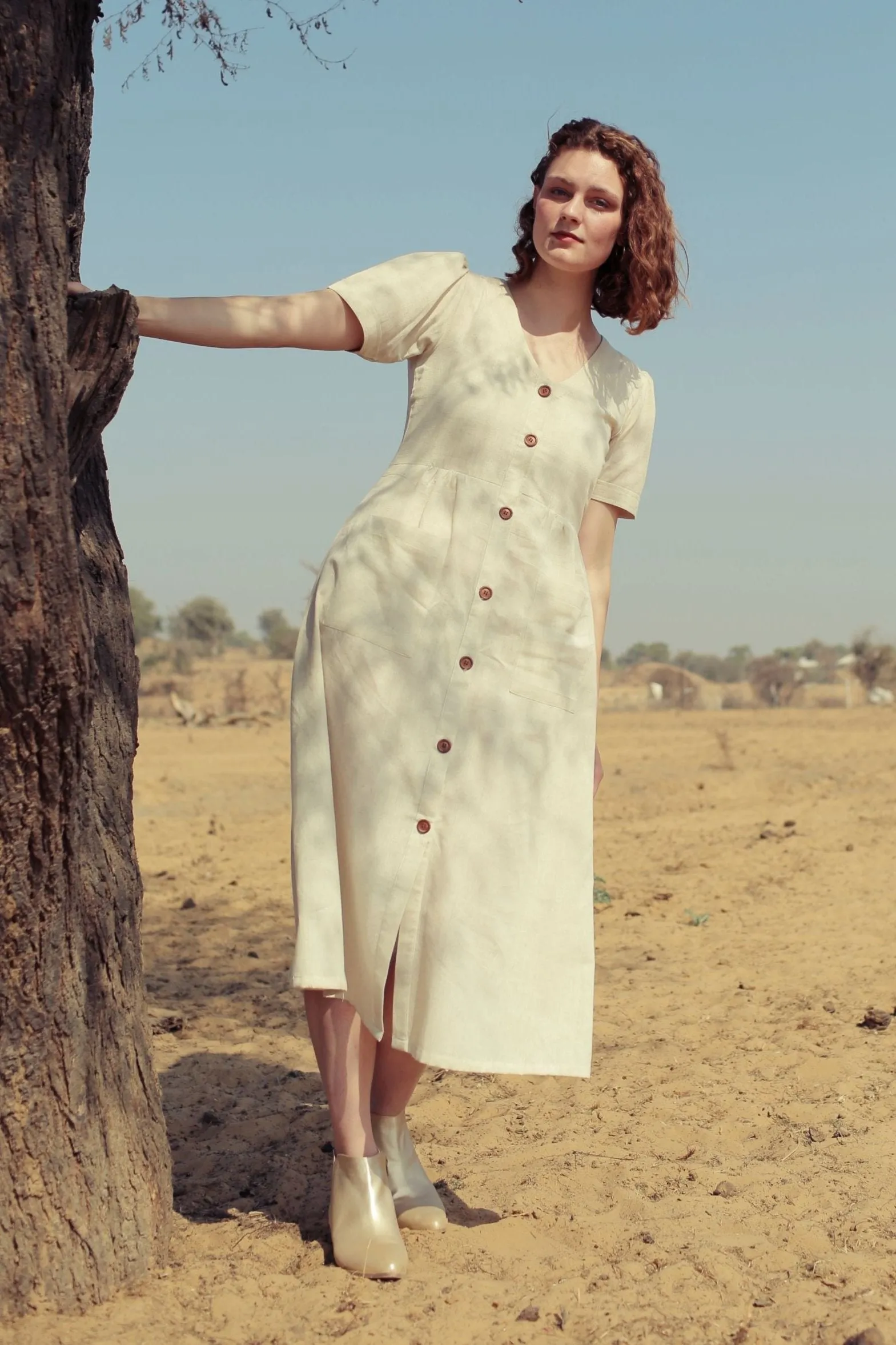 Cotton Flax Dress in Cream