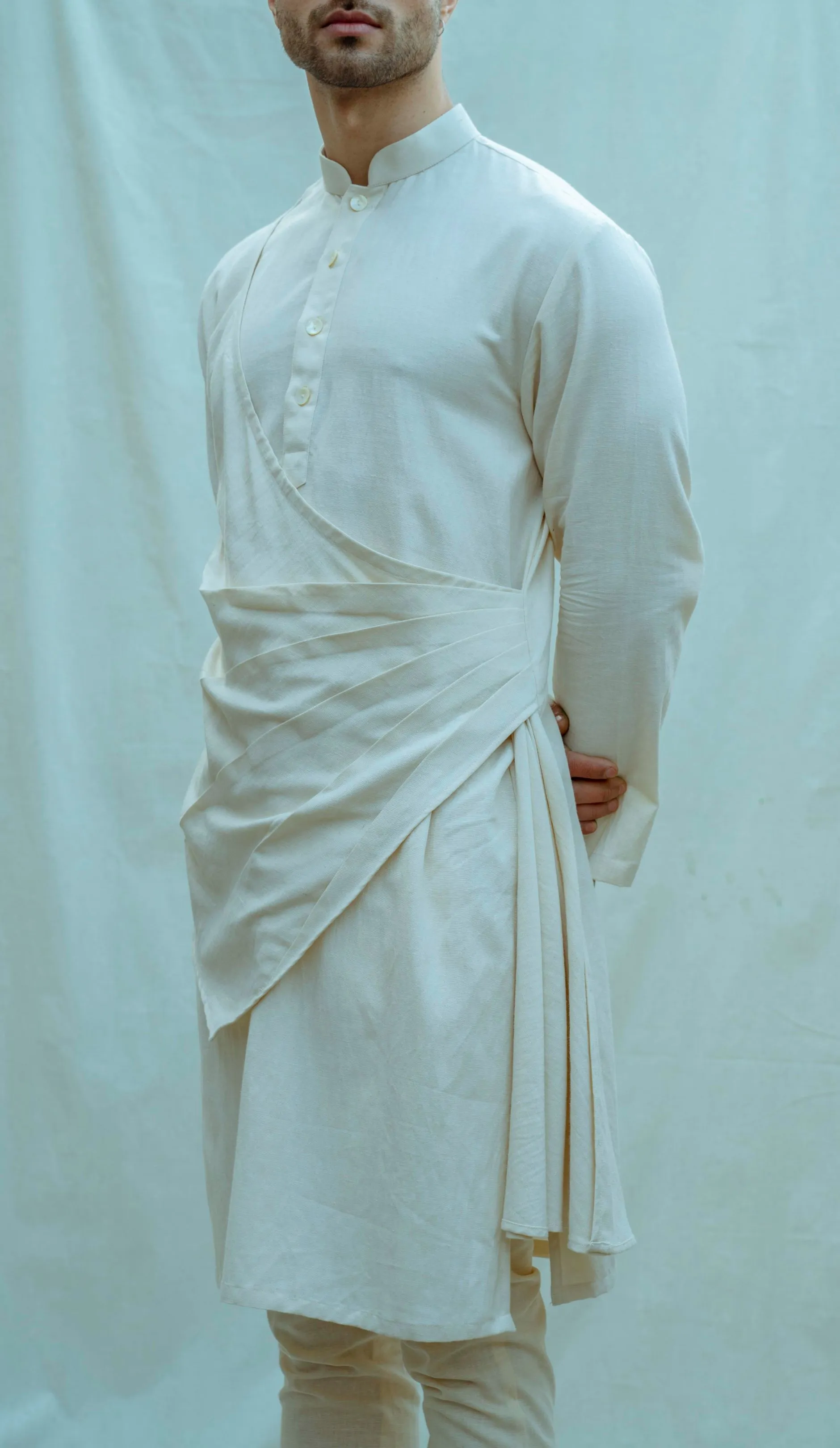 Cotton X Linen Pleated Angrakha Kurta Set