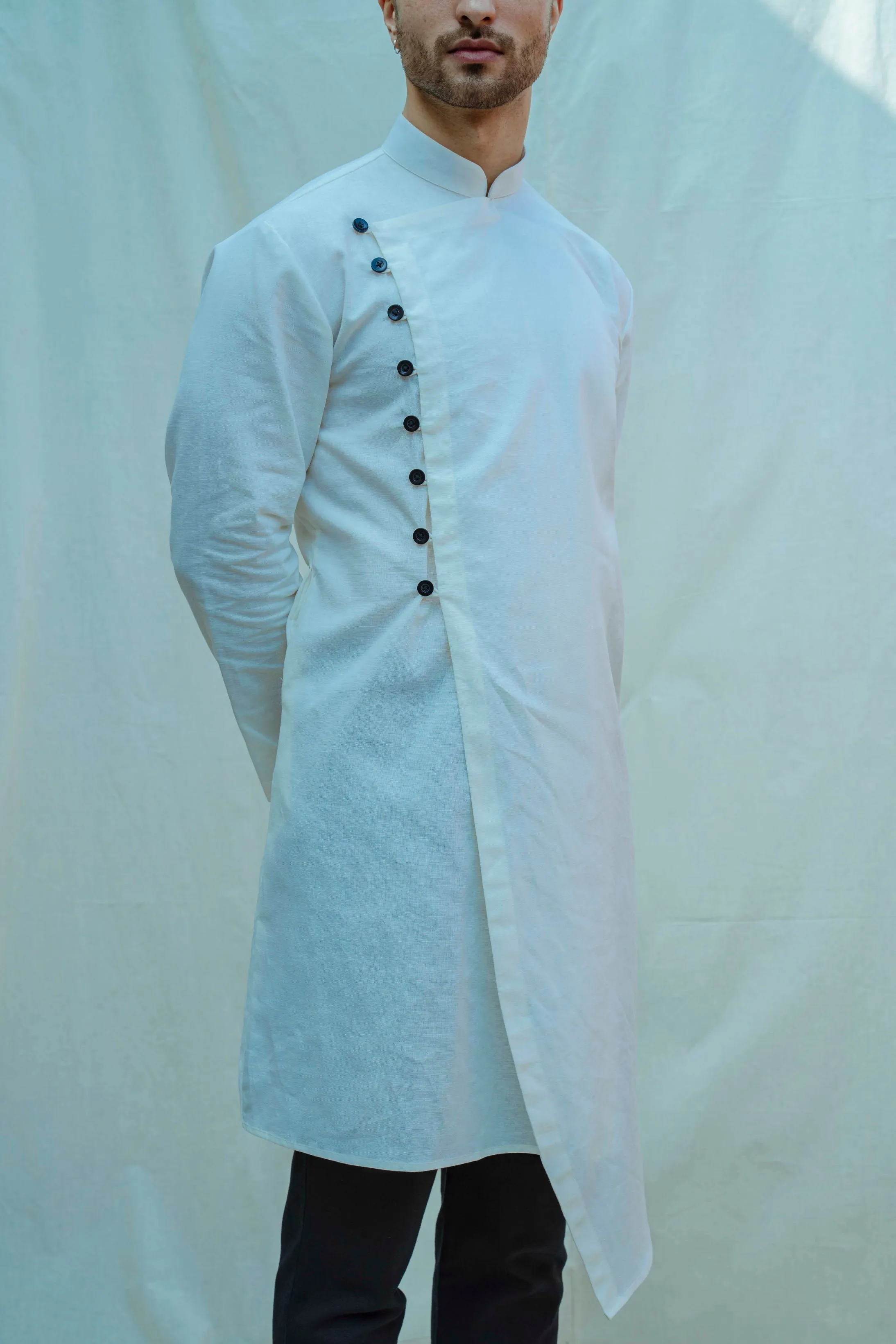 Cotton X Linen White Overlapped Kurta Set