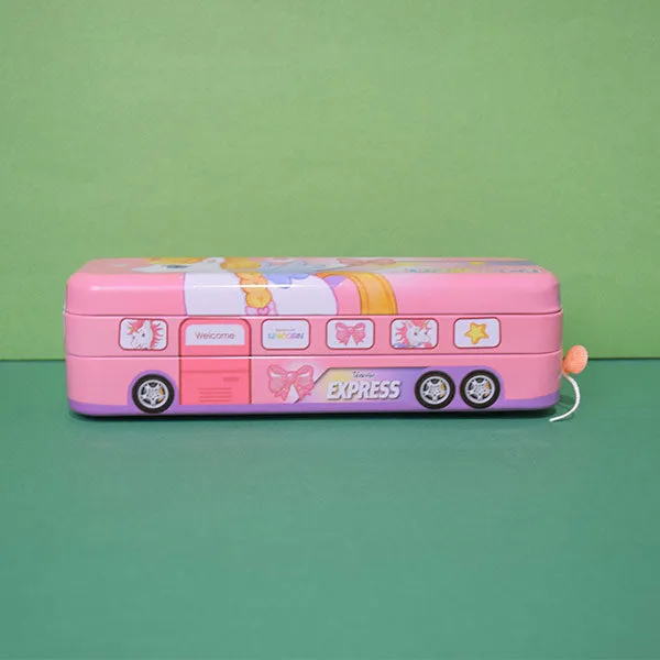 Cute Character Bus Shape Pencil Box And String Operated Wheels With Sharpener Geometry Box (Price For 1 Piece)