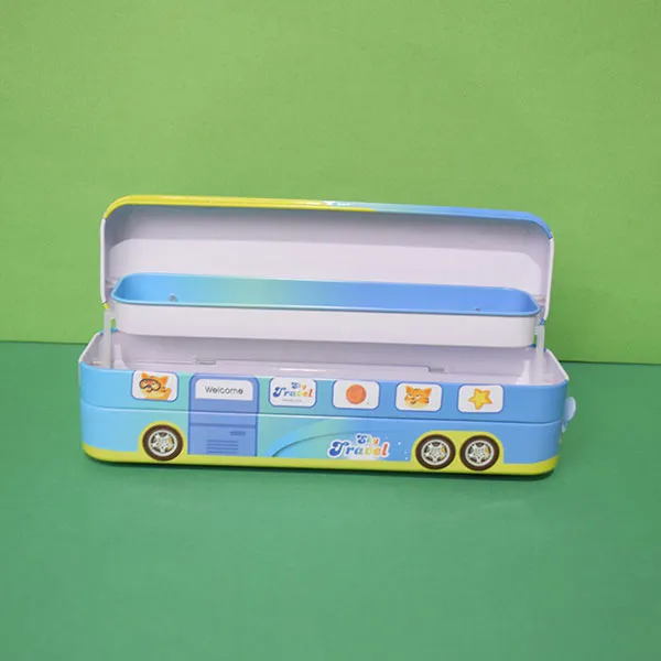 Cute Character Bus Shape Pencil Box And String Operated Wheels With Sharpener Geometry Box (Price For 1 Piece)