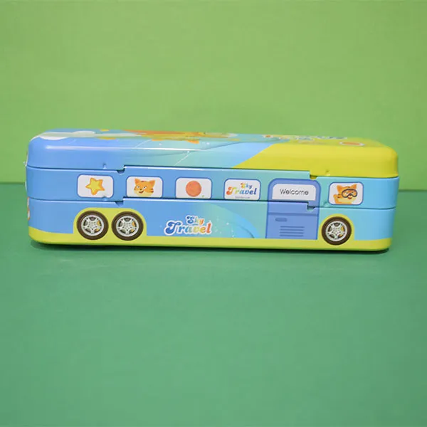 Cute Character Bus Shape Pencil Box And String Operated Wheels With Sharpener Geometry Box (Price For 1 Piece)