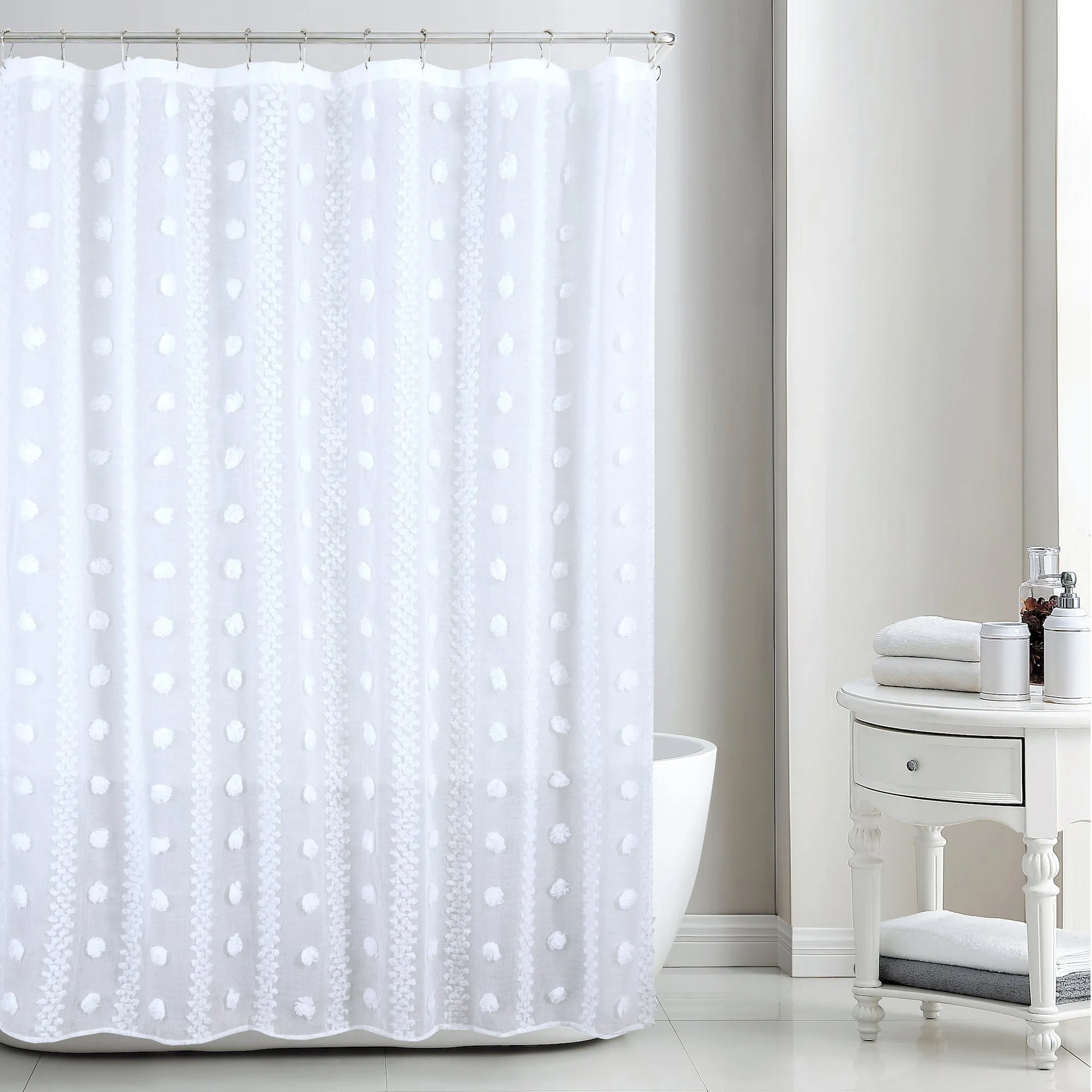 Dainty Home Cloud Modern 3D Linen-Look Fabric Shower Curtain With 3D Cotton Like Puffs