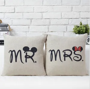 Decorative Cartoon Mr Mrs Cotton Linen Case Cover for House