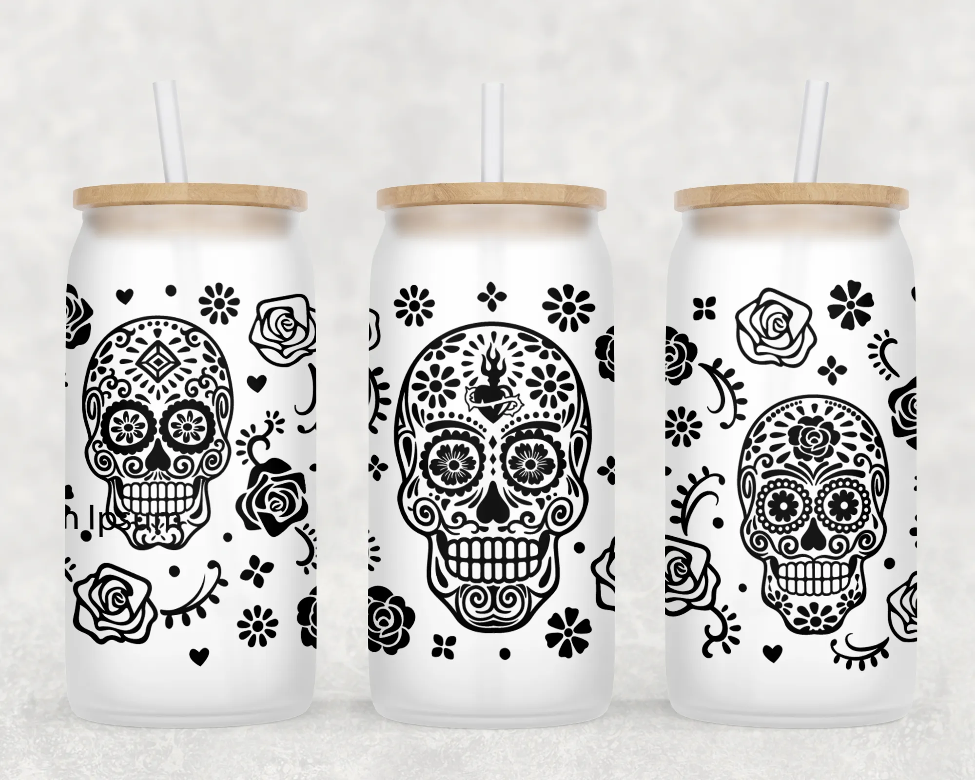 Dia De Los Muetros Frosted Can Glass with Lid   Straw