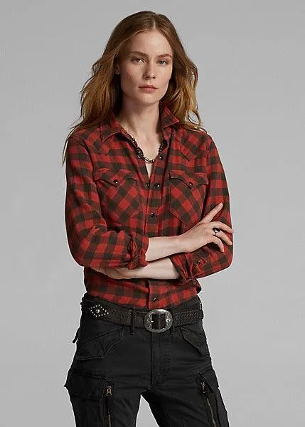 Double RL - Plaid Cotton-Linen Western Shirt in Red/Black