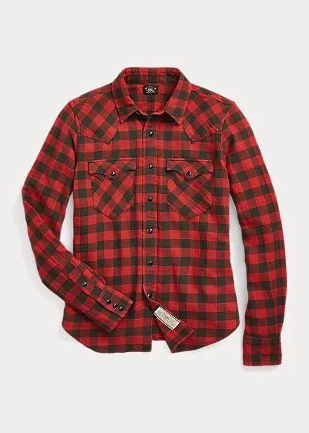 Double RL - Plaid Cotton-Linen Western Shirt in Red/Black