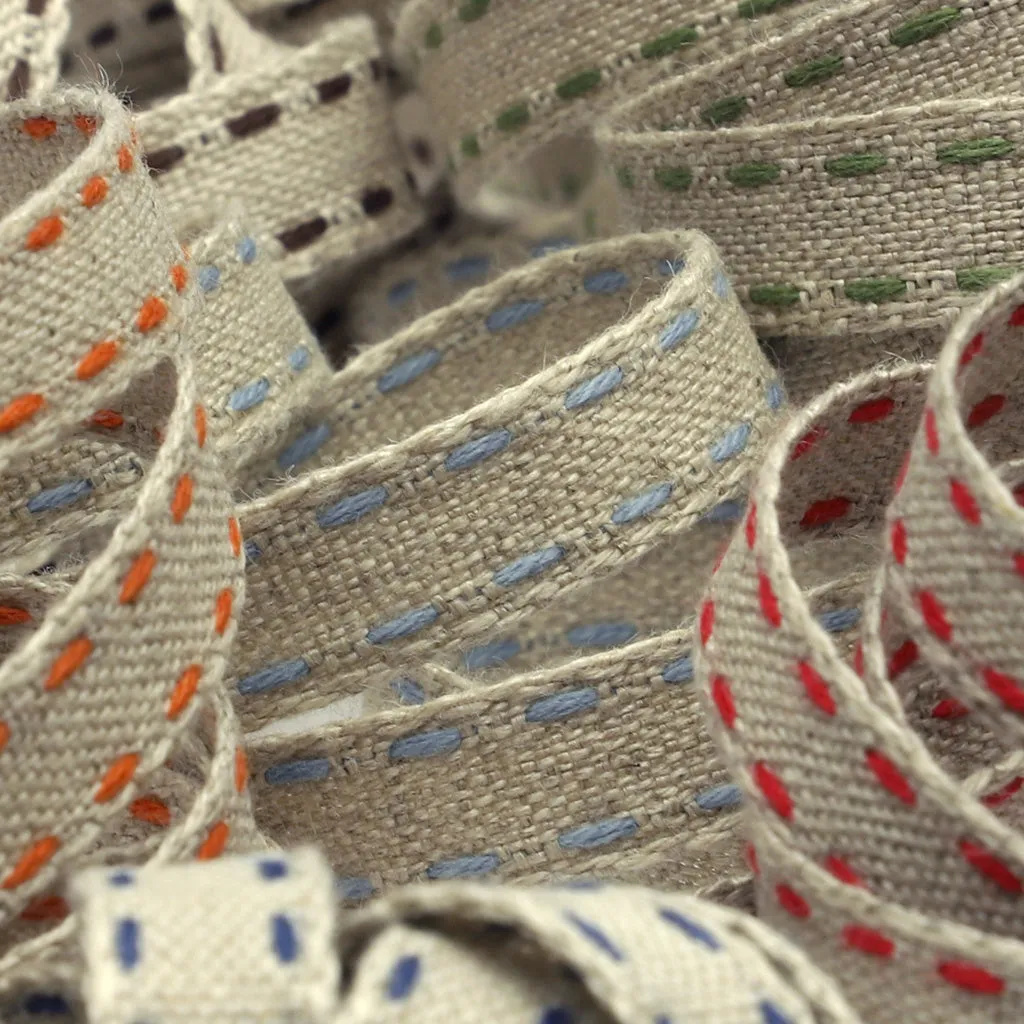 Double Stitched Linen Ribbon #6 Ecru & Pink