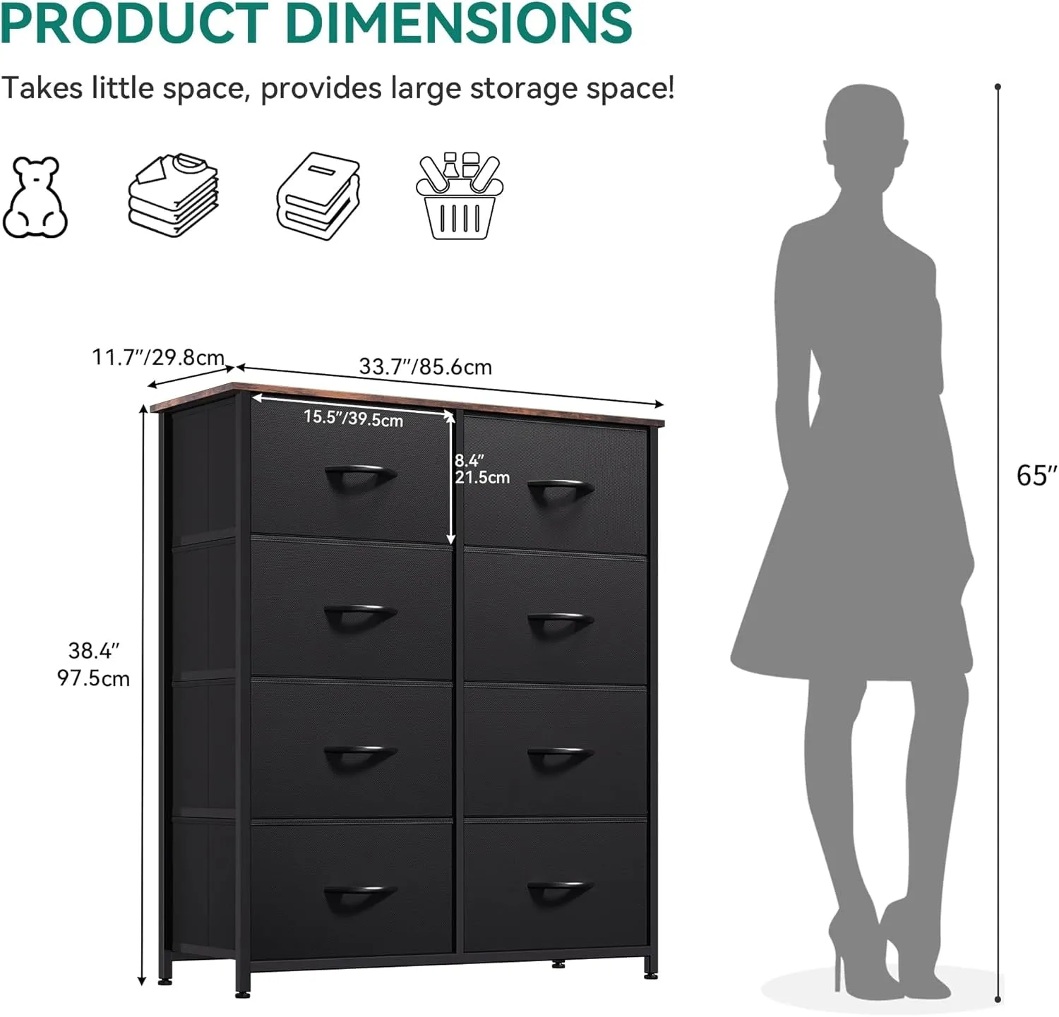 Dresser with 8 Drawers, Tall Storage Dresser with 8 Drawers, Black