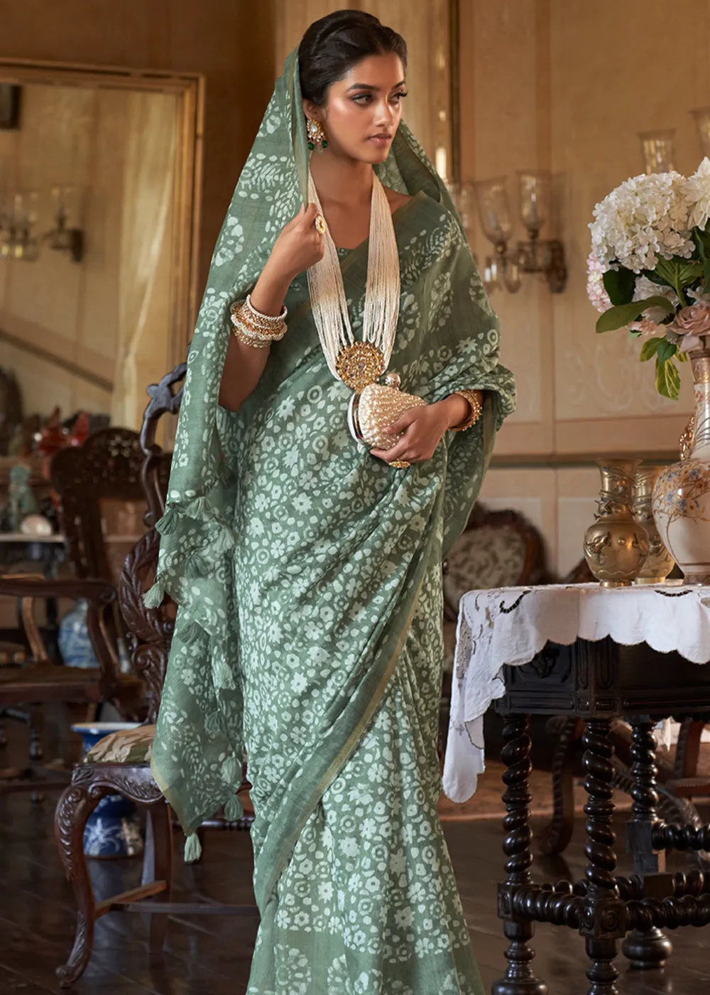 Dusky Green Light Weight Linen Saree