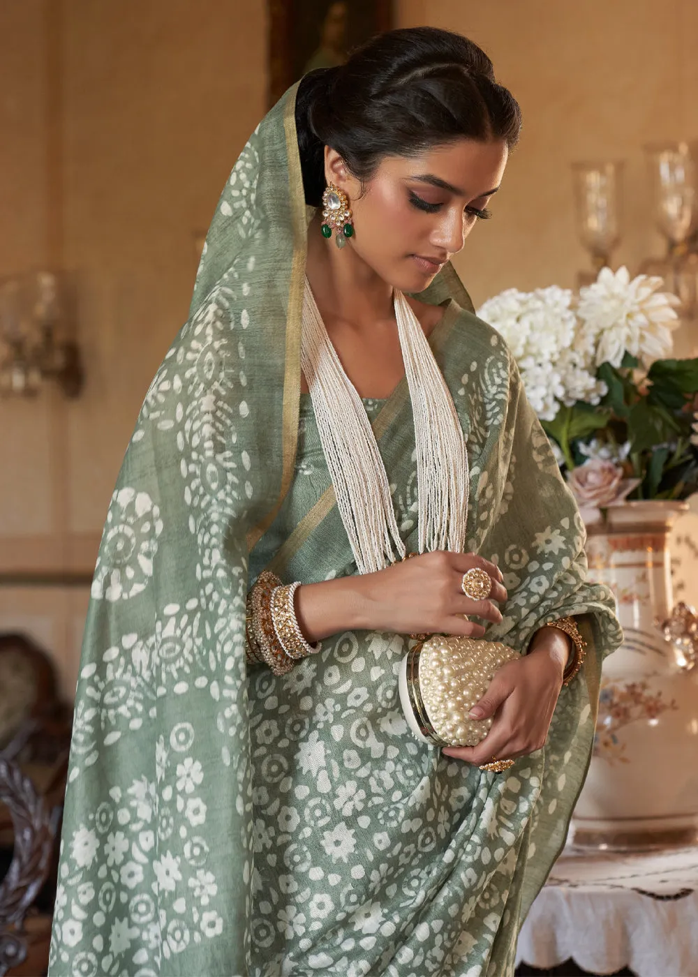Dusky Green Light Weight Linen Saree