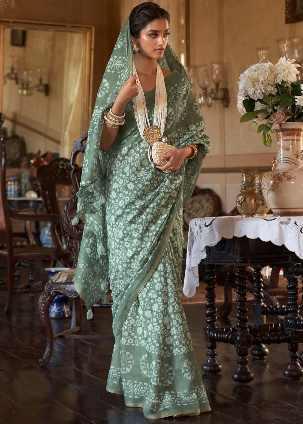 Dusky Green Light Weight Linen Saree