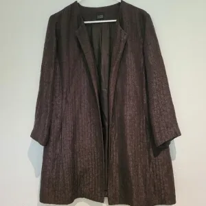 Eileen Fisher Brown Textured Silk &amp; Linen Oversized Open Jacket, Size Small