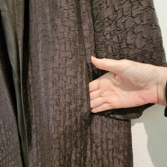 Eileen Fisher Brown Textured Silk &amp; Linen Oversized Open Jacket, Size Small