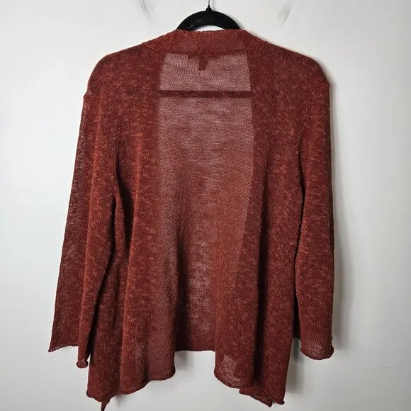 Eileen Fisher Size L Linen Cotton Blend Open Waterfall Front Cardigan Rust