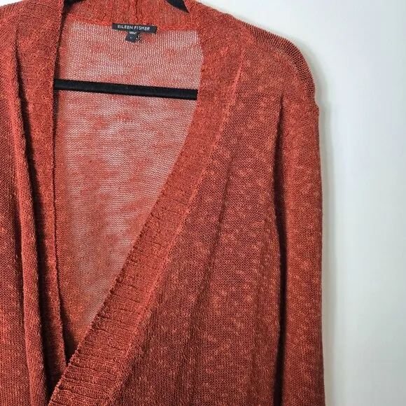 Eileen Fisher Size L Linen Cotton Blend Open Waterfall Front Cardigan Rust