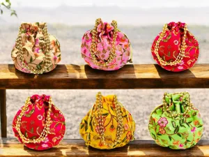 Embroidered Silk Potli Bag, Set of 6