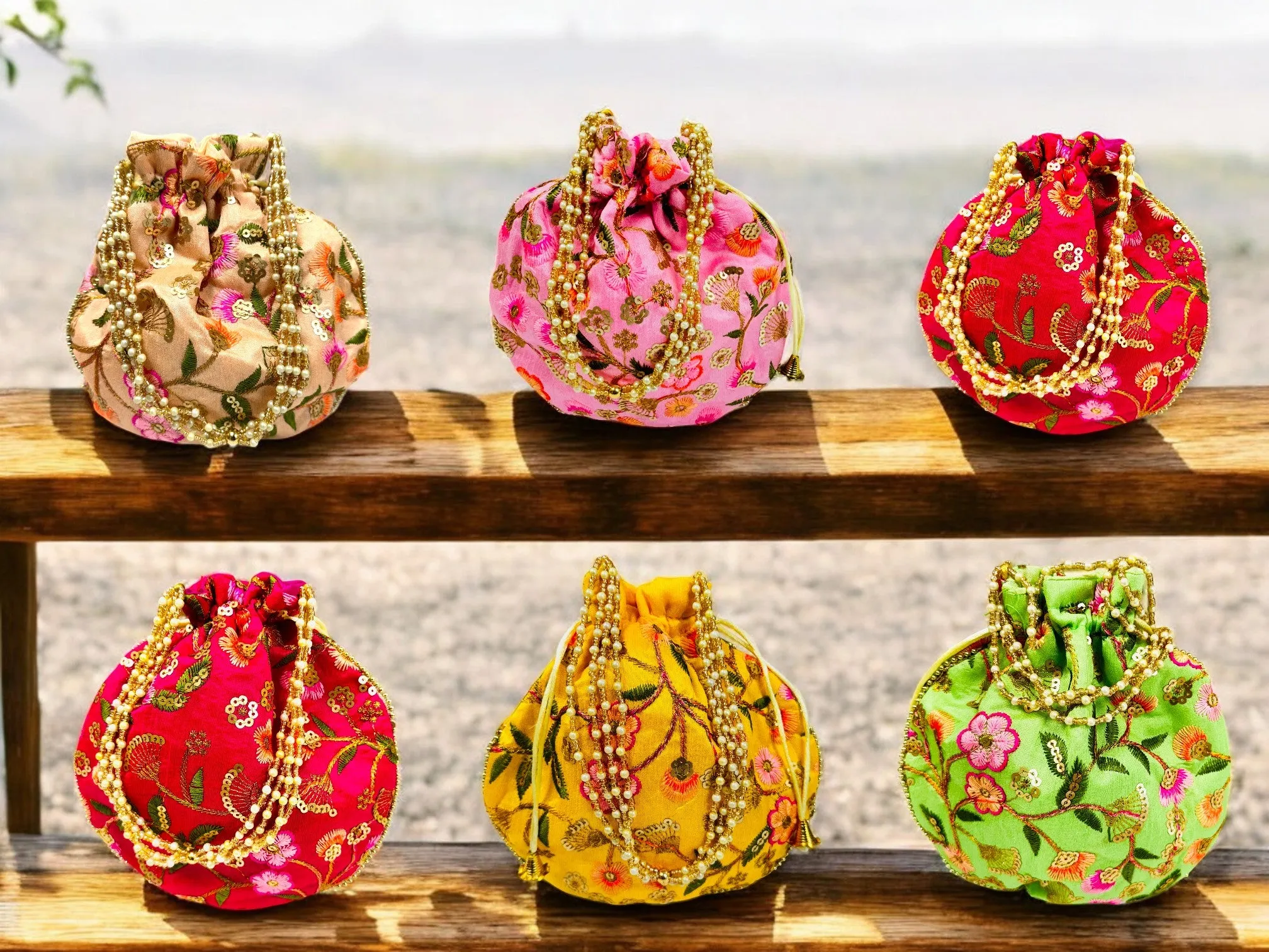 Embroidered Silk Potli Bag, Set of 6