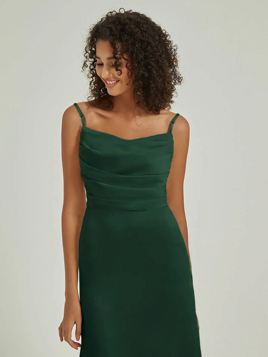 Emerald Green Cowl Neckline Straps Side Slit Silk Satin Convertible Bridesmaid Dress