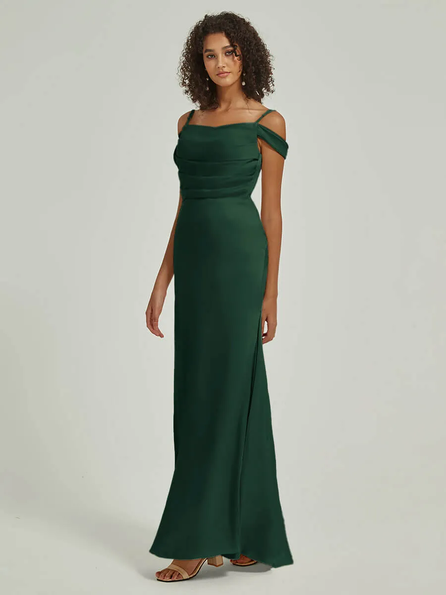 Emerald Green Cowl Neckline Straps Side Slit Silk Satin Convertible Bridesmaid Dress