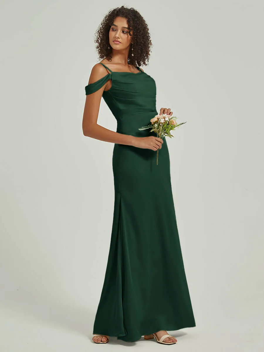 Emerald Green Cowl Neckline Straps Side Slit Silk Satin Convertible Bridesmaid Dress