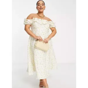 Ever New Curve SZ 18 Bardot Frill Midi Dress in Lemon Ditsy Floral