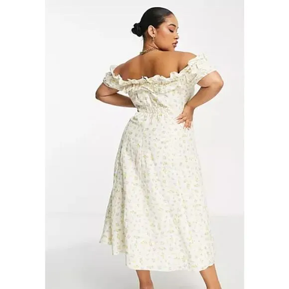 Ever New Curve SZ 18 Bardot Frill Midi Dress in Lemon Ditsy Floral