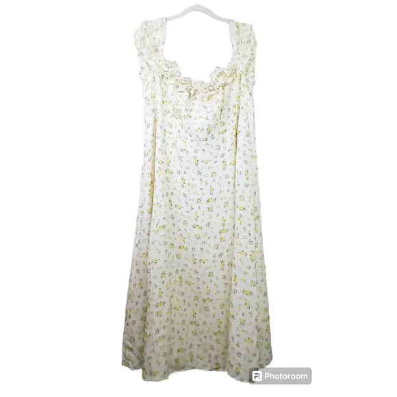 Ever New Curve SZ 18 Bardot Frill Midi Dress in Lemon Ditsy Floral