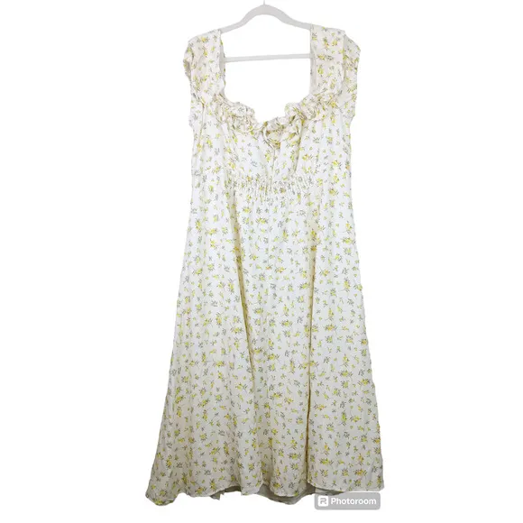 Ever New Curve SZ 18 Bardot Frill Midi Dress in Lemon Ditsy Floral