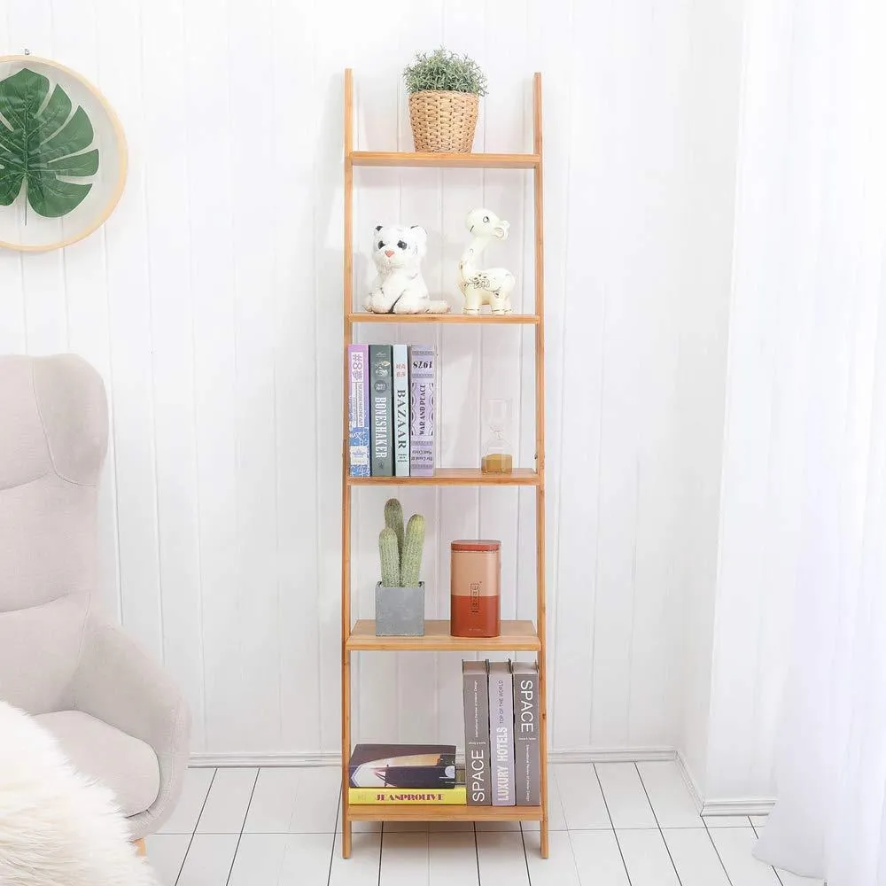 exilot Natural Bamboo Ladder Shelf 5-Tier Wall-Leaning Bookshelf Ladder Bookcase Storage Display Shelves for Living Room, Kitchen, Office, Multi-Functional Plant Flower Stand Shelf.
