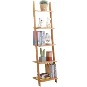 exilot Natural Bamboo Ladder Shelf 5-Tier Wall-Leaning Bookshelf Ladder Bookcase Storage Display Shelves for Living Room, Kitchen, Office, Multi-Functional Plant Flower Stand Shelf.